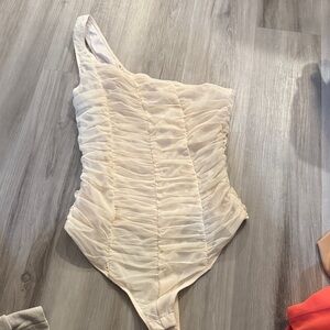 Cream One-Shoulder Ruched Bodysuit